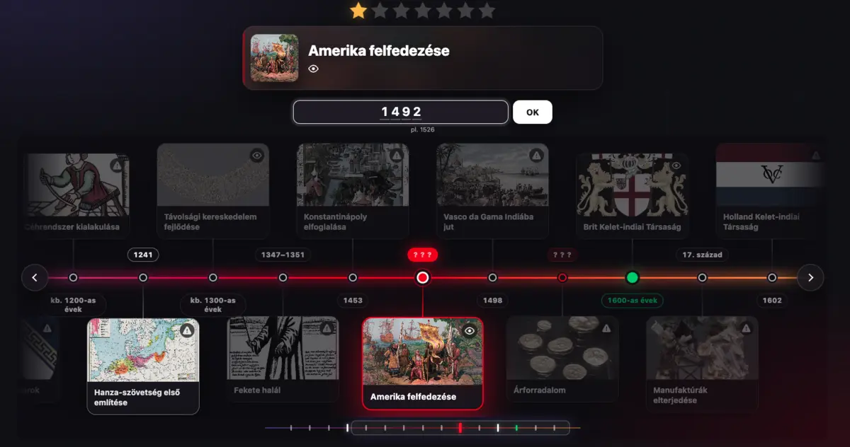 7streak idővonal: történelmi események évszámait kell elhelyezni, a kérdés Amerika felfedezése