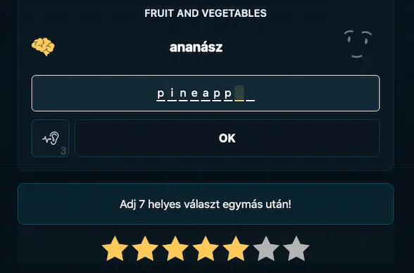 7streak szódolgozat-gyakorló: az ananász szót kell angolul begépelni